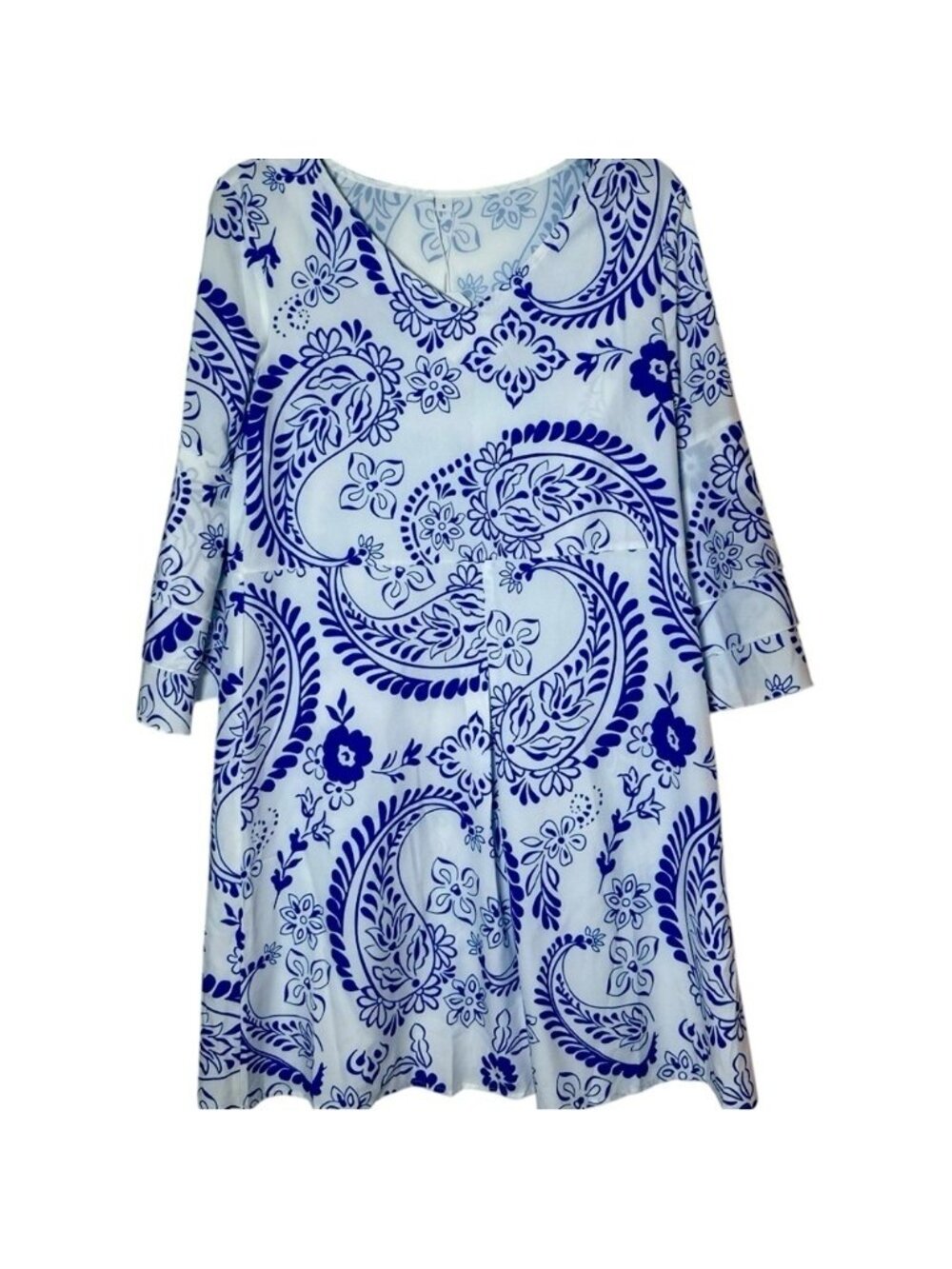 A-Line Bell Sleeves Dress Blue & White Size Small Lightweight Summer Dress - Picture 3 of 7